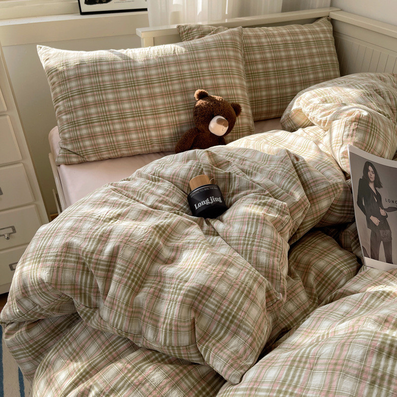 北欧简约INS博主风全棉水洗棉日系红格子1.5m1.8床单笠被套四件套
