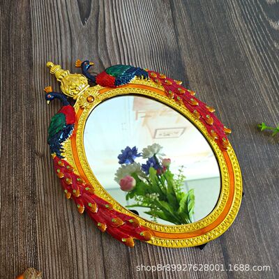 化妆镜彩孔雀欧式复古珐琅，金属台式梳妆镜