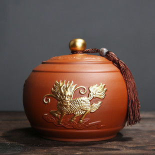 紫砂茶叶罐大号半斤装广浮雕密封储存罐陶瓷普洱罐茶缸防描金倪乖