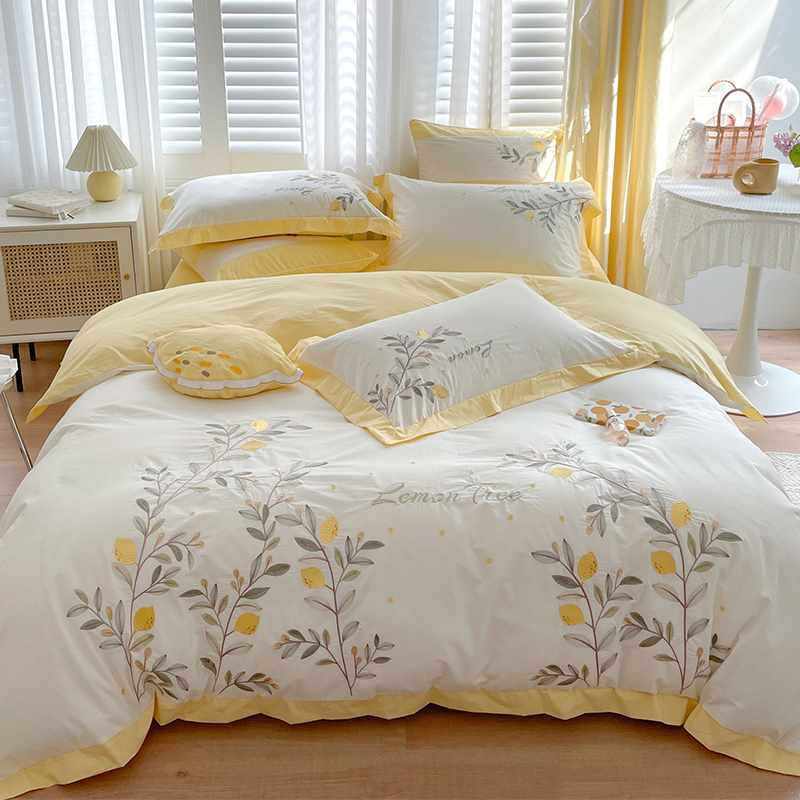 0fe9小清新水洗棉四件套田园植物花卉被套柔软裸睡床上用品