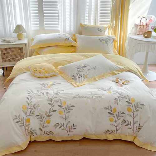 0fe9田园水洗棉四件套小清新植物花卉被套柔软裸睡床上用品