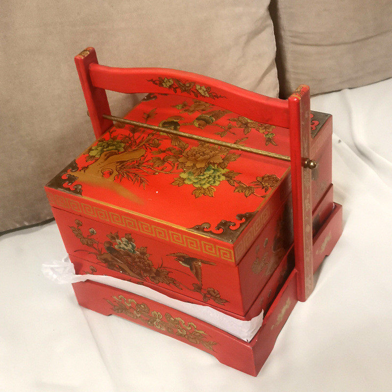 婚庆直购双层木质食盒厂家陪嫁提篮摄影道具红色复古装送餐饭盒