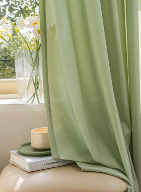 7l8k2023新款透光不透人窗帘纱帘绿色森系小清新阳台纱飘窗窗纱
