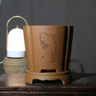 紫砂花盆苏名家降坡泥兰花盆盆景盆刻绘玲盆花鸟精工手工盆带底座