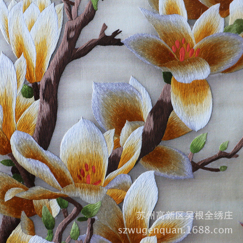 苏绣成品挂画客厅带书房框装饰画苏州手工刺绣画玉兰三联幅礼品