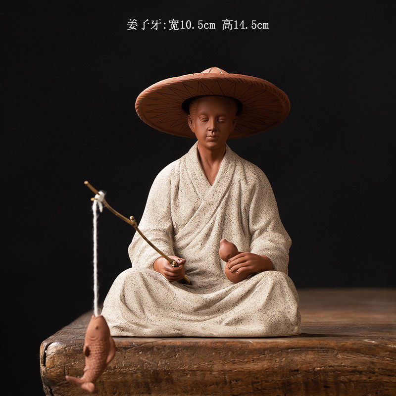 垂钓泥姜太公渔翁钓鱼摆件陶瓷人物老头紫砂假山鱼缸造景