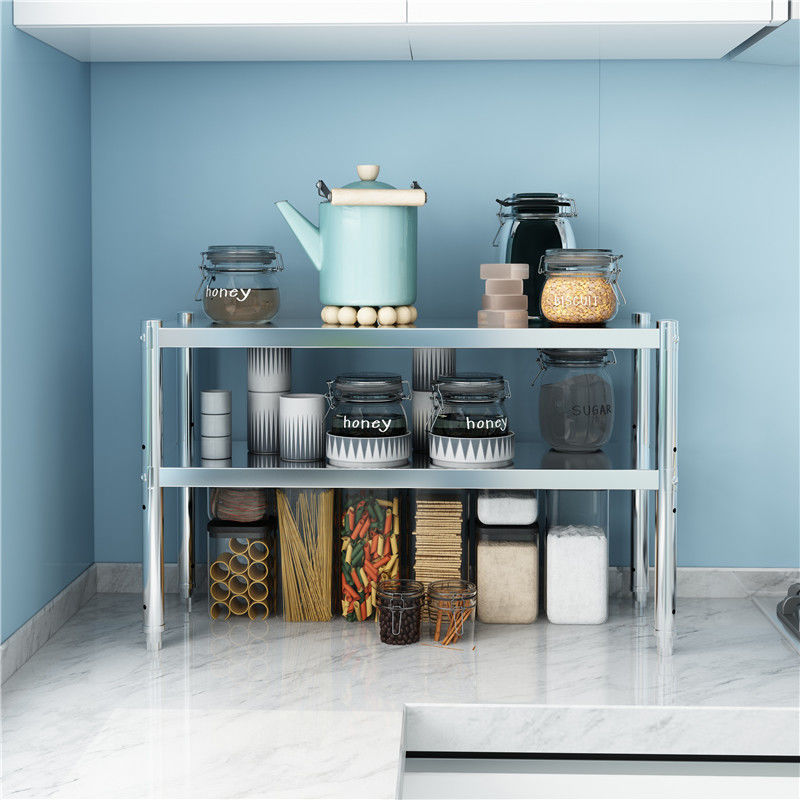 不锈钢厨房置物架二层落地收纳架2三层微波炉烤箱家用储物架子3