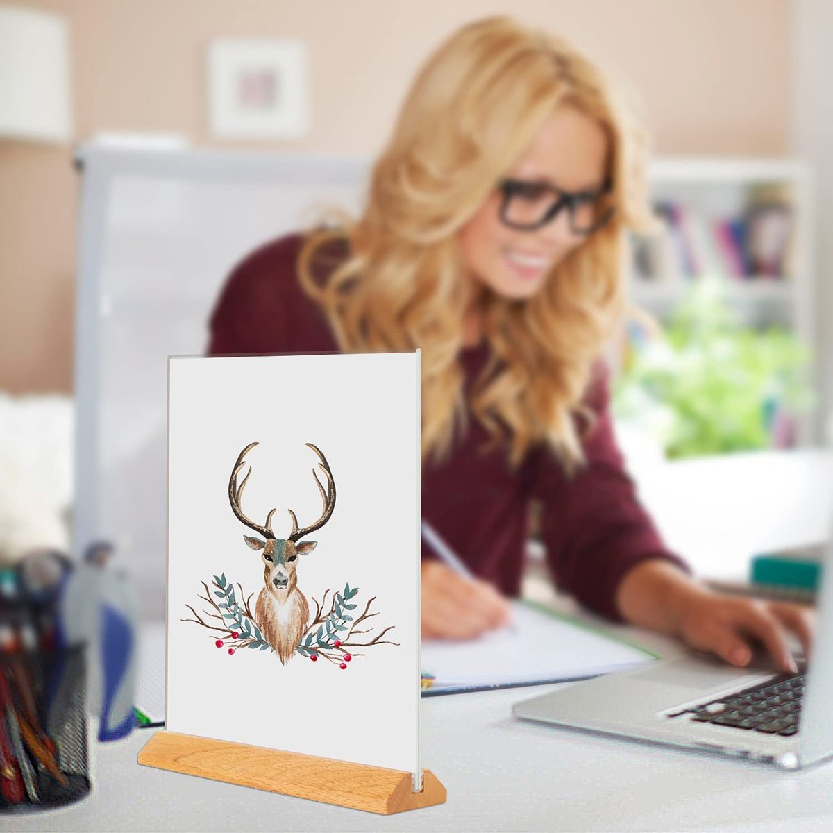 t菜单亚克力榉木台卡双面木质底座台签展示型餐饮牌a4