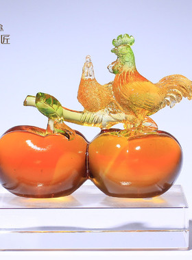 琉璃工艺品事事如意柿子生肖小公鸡摆件可爱乔迁新居礼品实用高档