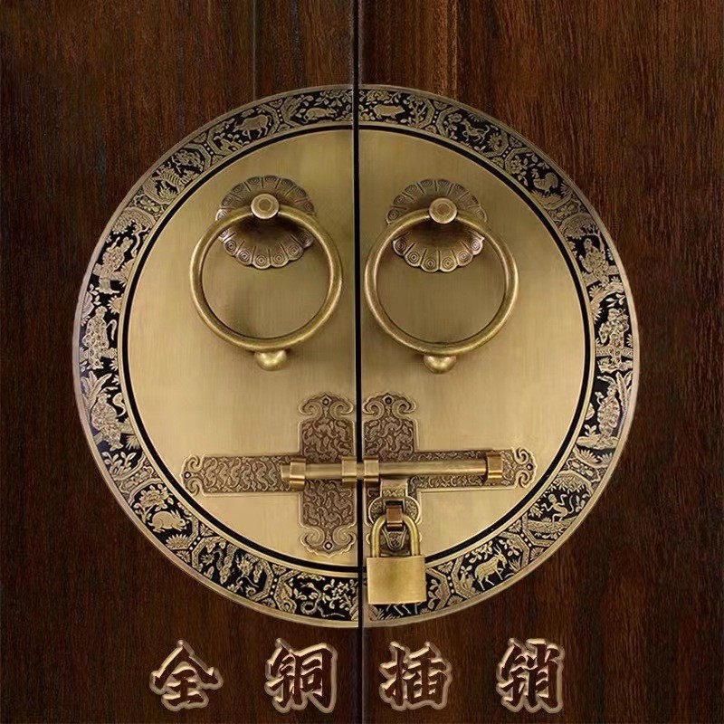 明插销仿古中式门栓双开大门铜把手户外花园复古木门门锁铜拉手