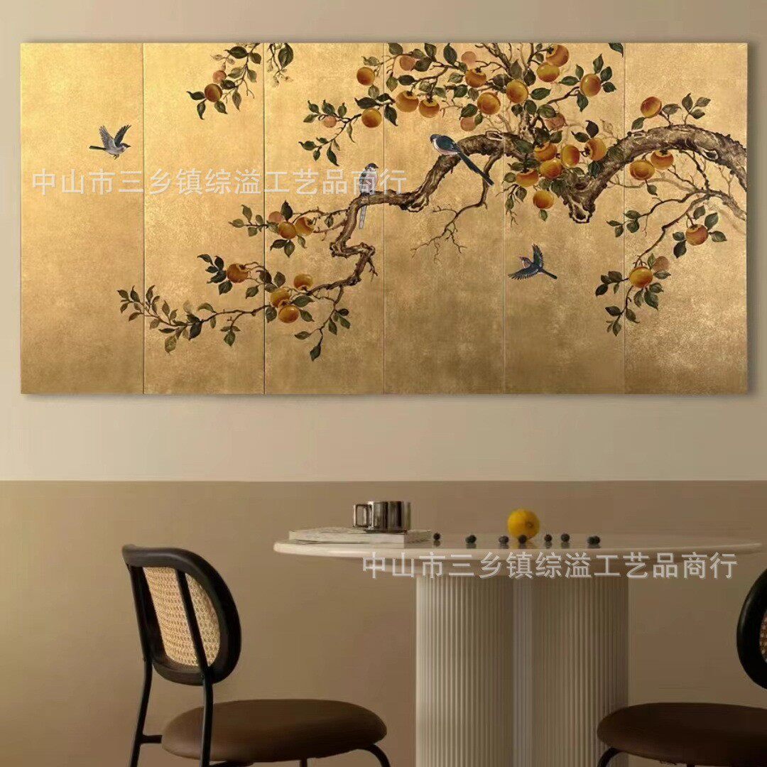 事事如意屏风手绘金箔漆画中式客厅书房隔断实木背景移动折叠屏风