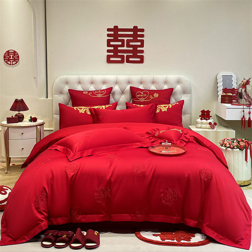 新中式喜字刺绣婚庆四件套红色结婚嫁喜被床单新婚床上用品