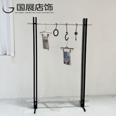 服装店展示架黑色中岛架落地式轮子架女装不锈钢侧挂服装陈列道具