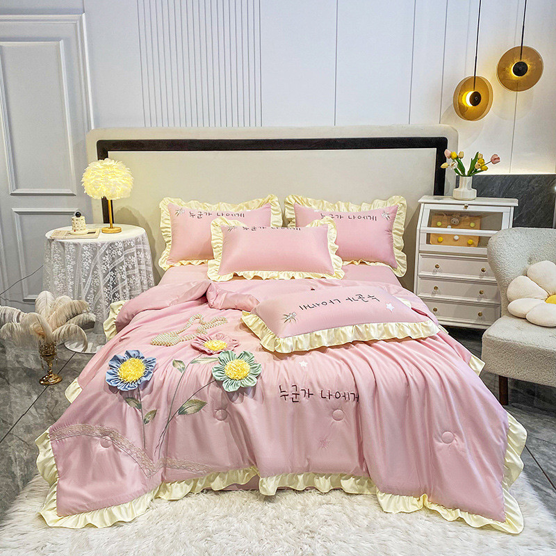 夏季冰丝薄被子空调被单双人天丝夏被可水洗裸睡夏凉被四件套花边