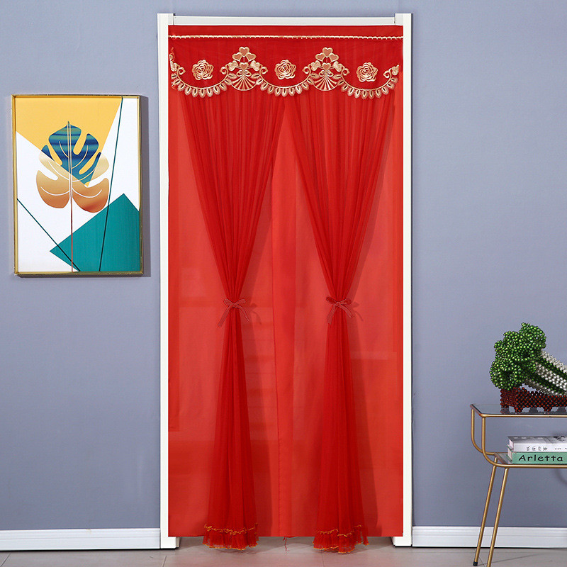 免打孔婚庆用品帘门帘结婚房喜庆防蚊纱蕾丝大红隔断帘家用长款易