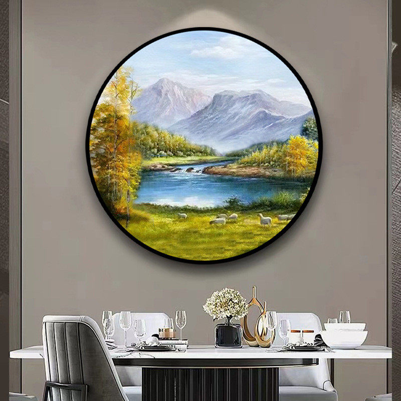 定制手绘油画风景玄关挂画绵羊赏秋客厅餐厅装饰画厂家艺术画圆形