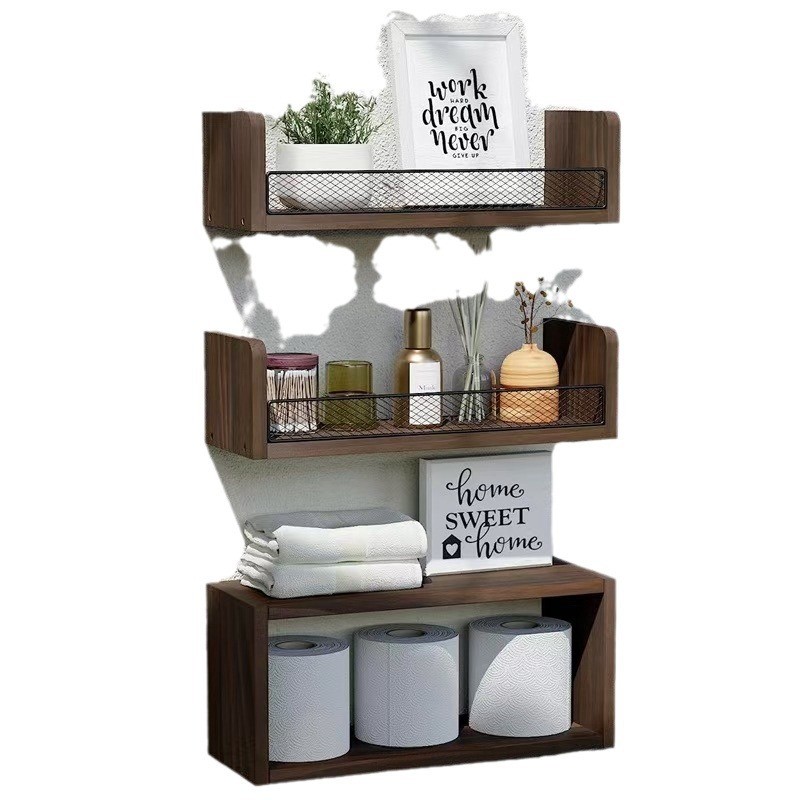 浴室置物架复古墙上置物架木质浮动家用厨房餐厅壁挂式一字板