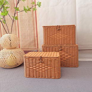 长方形藤编筐书房收纳杂物卧室客厅大中小带盖藤编带盖大号收纳筐