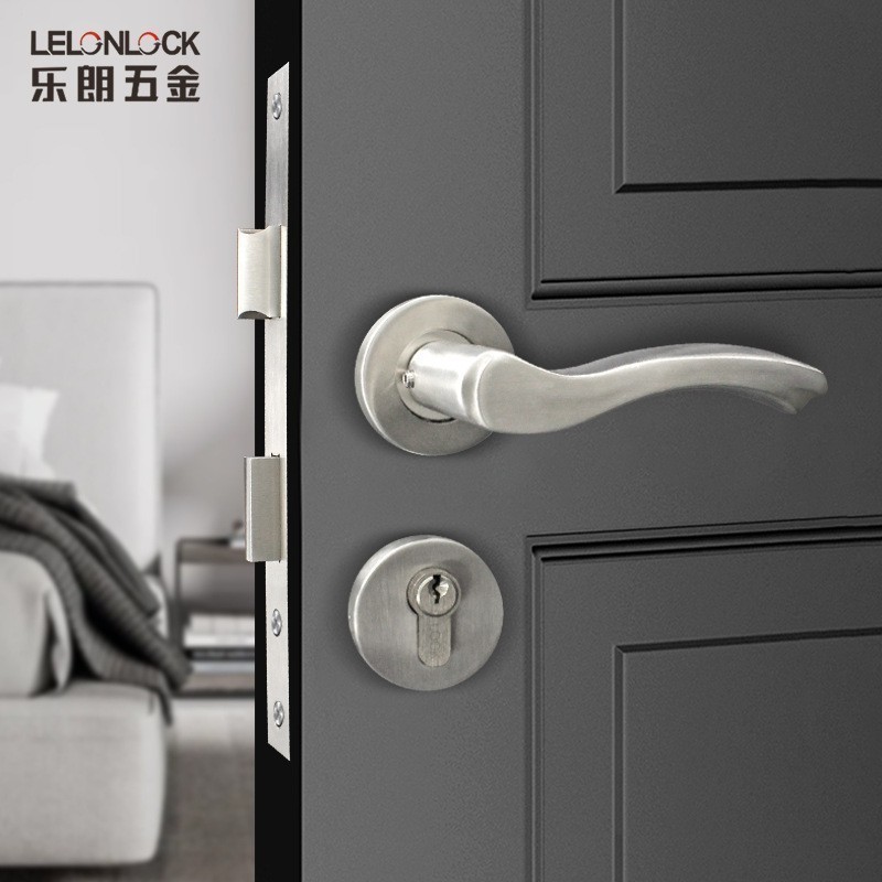 乐朗室内门锁现代简约卧室黑色锁304不锈钢门把手分体静音机械锁