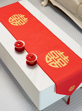 热销红色囍字桌旗婚嫁中式床旗桌布wedding婚礼茶几电视柜喜桌旗