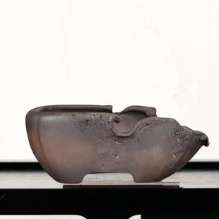 宜兴紫砂水明老鸦艺仿古异形虫洞松柏杜鹃金弹子盆柿手工盆景花盆