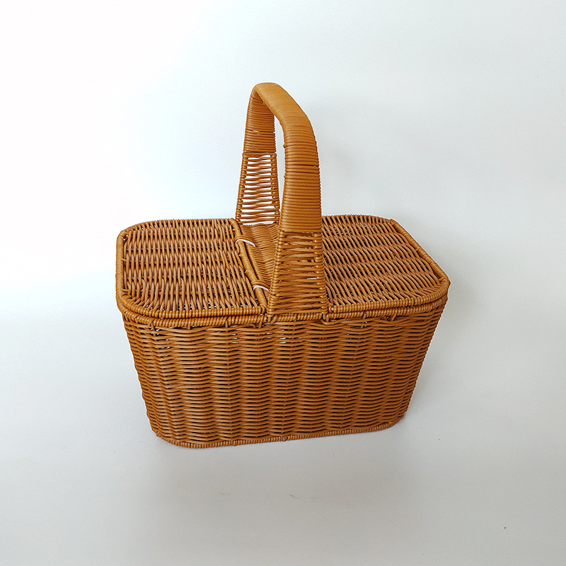 藤编带盖野餐篮网红手提篮购物篮花篮郊游田园采摘篮道具收纳篮