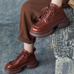 2024秋冬新款 帅气英伦风手工圆头牛皮交叉系带高帮单靴马丁靴女鞋