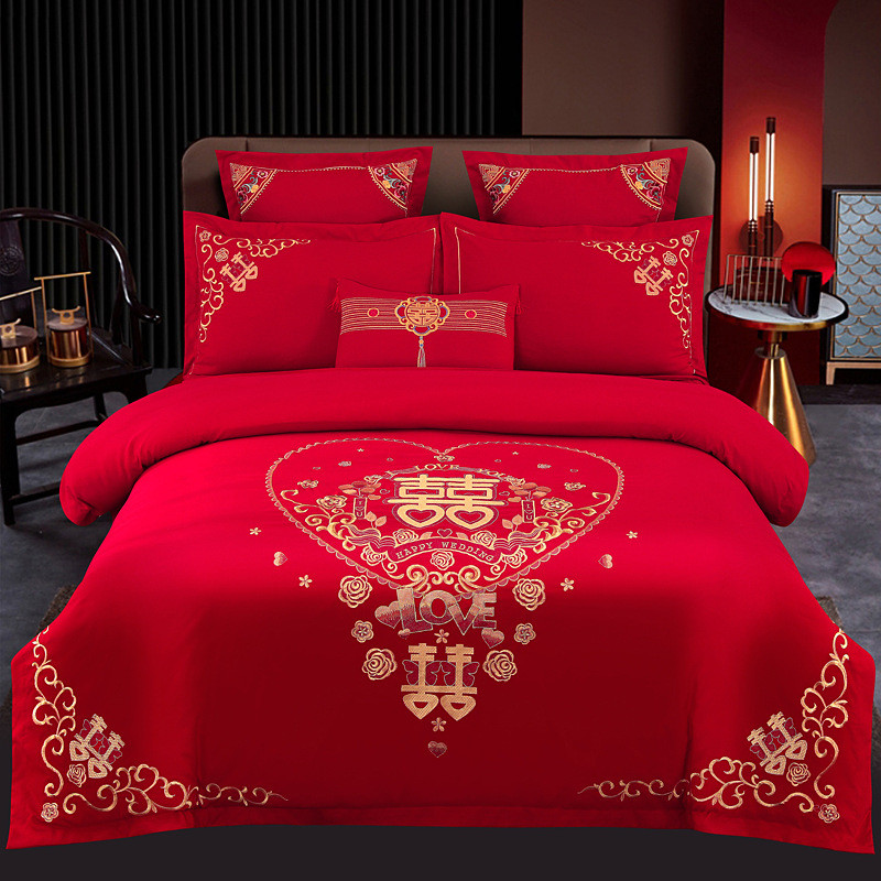 全棉婚庆四件套长绒棉刺绣大红结婚床上用品新婚婚嫁床上套件批发