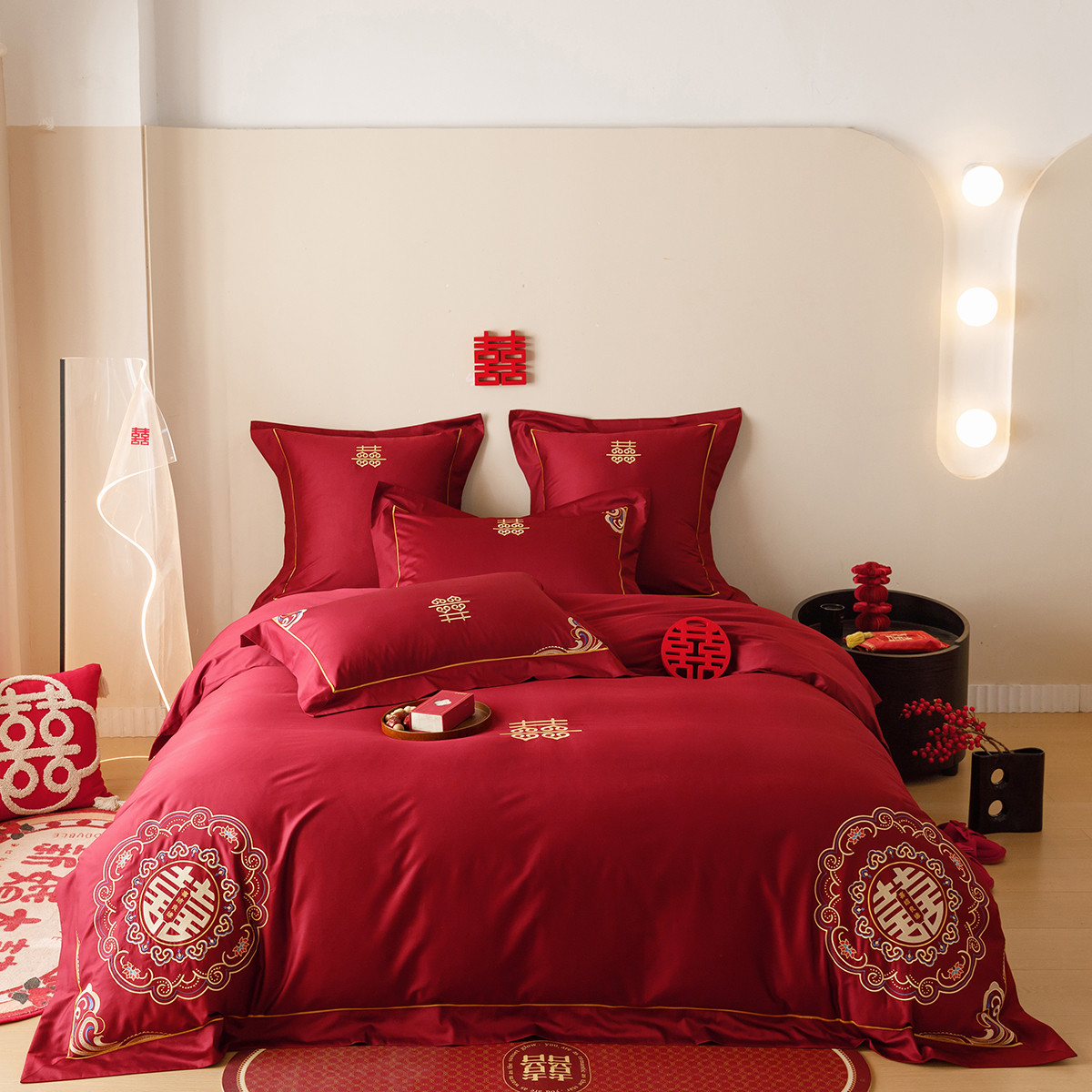 长绒棉四件套婚庆喜字刺绣120支中式新婚陪嫁红色床单1.8床上用品