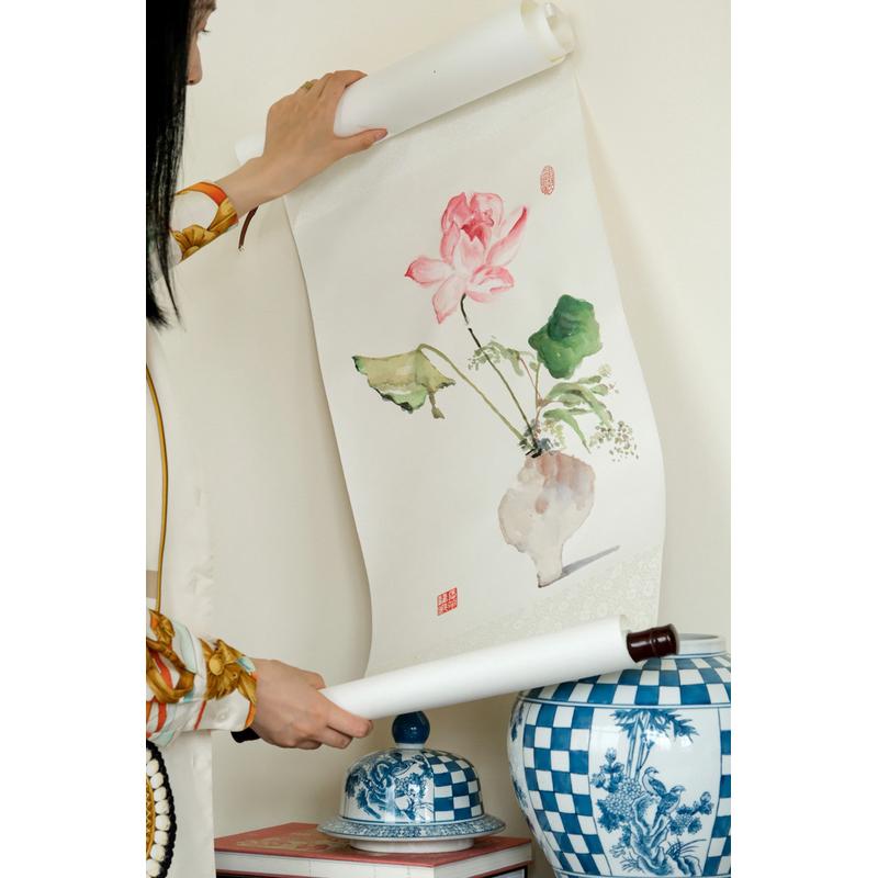 bb4c批发手绘新中古卷轴《清荷夏至》宋式清丽玄关书房水彩