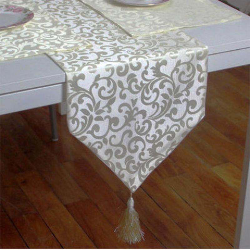 缎面桌旗凤尾花酒店床旗轻奢金色白色长条提花桌巾茶旗