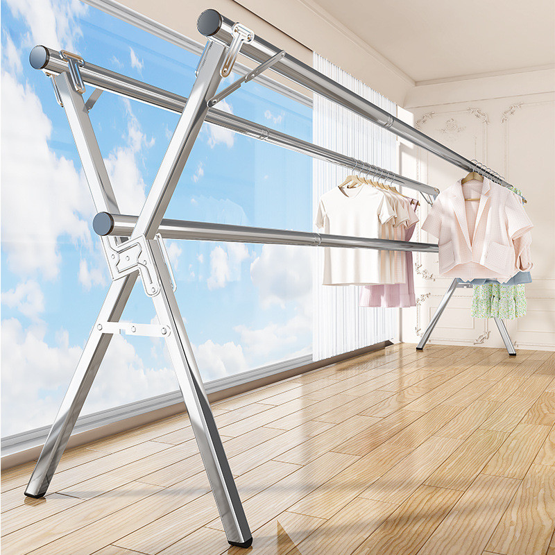 不锈钢晾衣架落地折叠室内外双杆式挂被子架伸缩阳台移动凉晒衣架