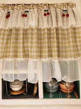 s83v免打孔格子美式半遮光飘窗装饰半帘门帘窗帘蕾丝厨房