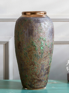 景德镇粗批发复古落地花瓶仿古陶瓷器陶罐花器做旧绿釉花瓶摆件