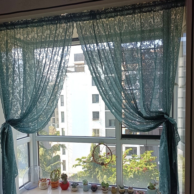 热销SI6K复古蓝色美式成品窗帘客厅阳台飘窗地中海窗纱帘欧式蕾丝