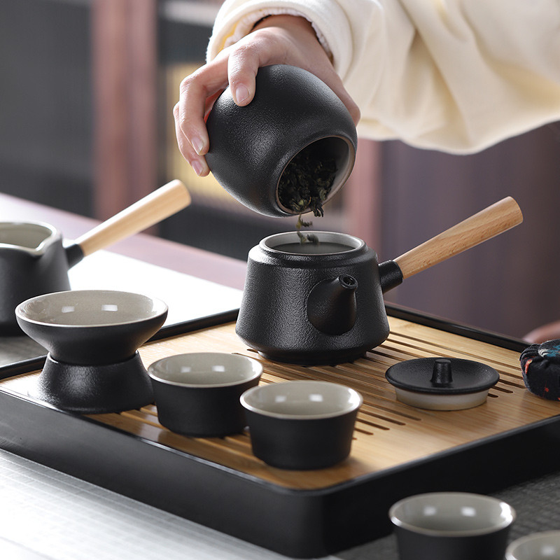 豪峰日式简易黑陶侧壶把功夫茶具套装家用储水式竹制干泡茶台茶盘