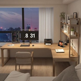 实木双人转角书桌一体书柜电脑桌家用组合办公桌拐角卧室工作台