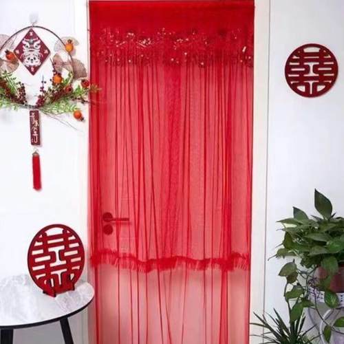 新款门帘结婚喜庆大红室内卧室蕾丝门挂帘免打孔门隔断帘子婚庆用
