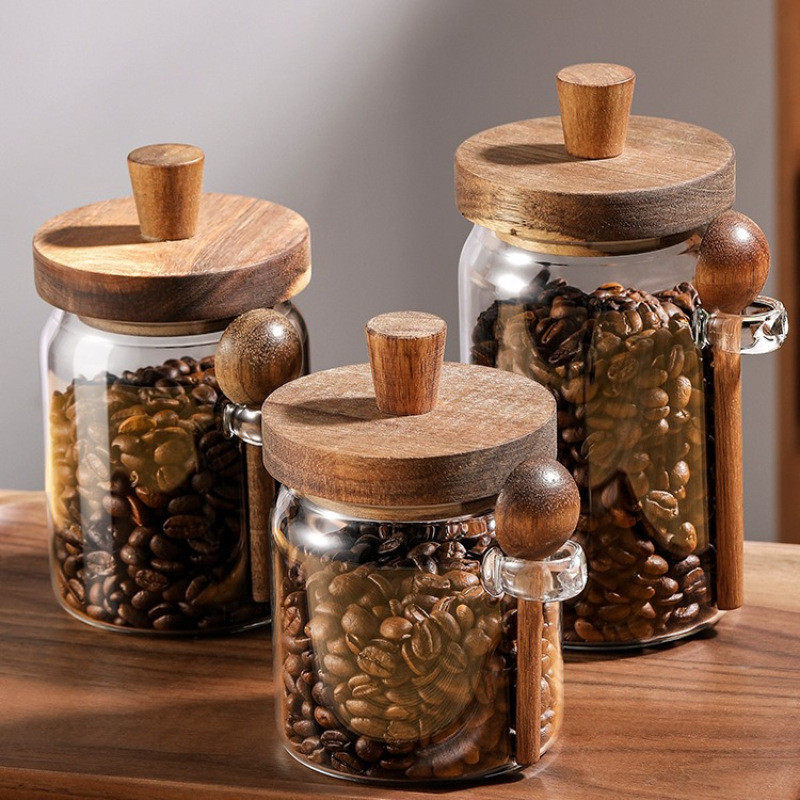 咖啡豆保存罐玻璃密封罐带勺收纳盒装咖啡粉储存罐茶叶罐糖罐子
