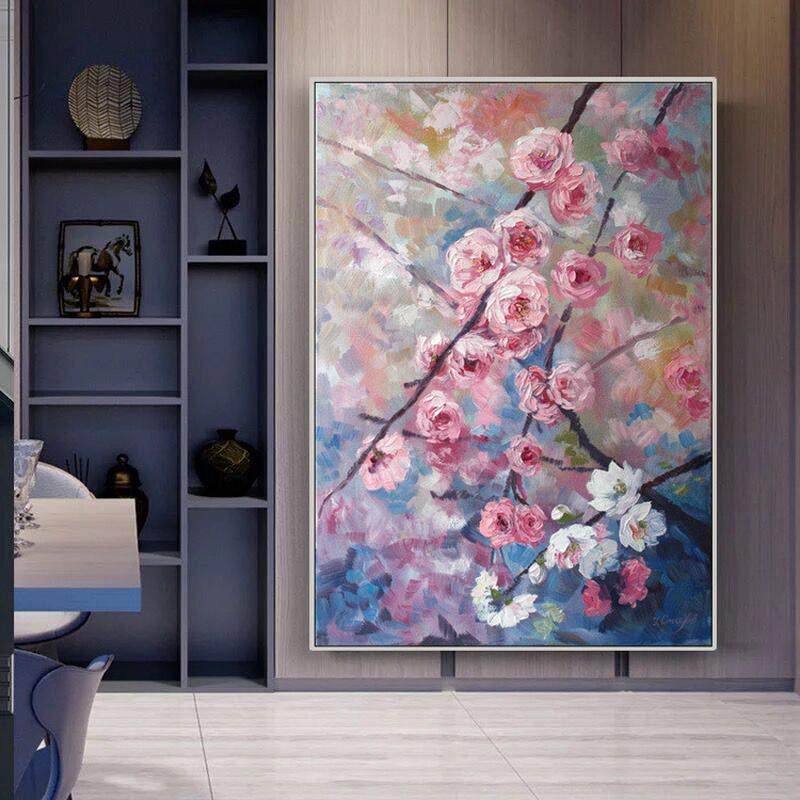客厅纯手绘刀画油画玄关过道装饰画现代大芬村餐厅挂画蔷薇花轻奢