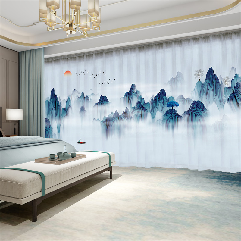 新中式水墨山水画窗帘布遮光靠山图案风景中国风古典客厅茶室纱帘