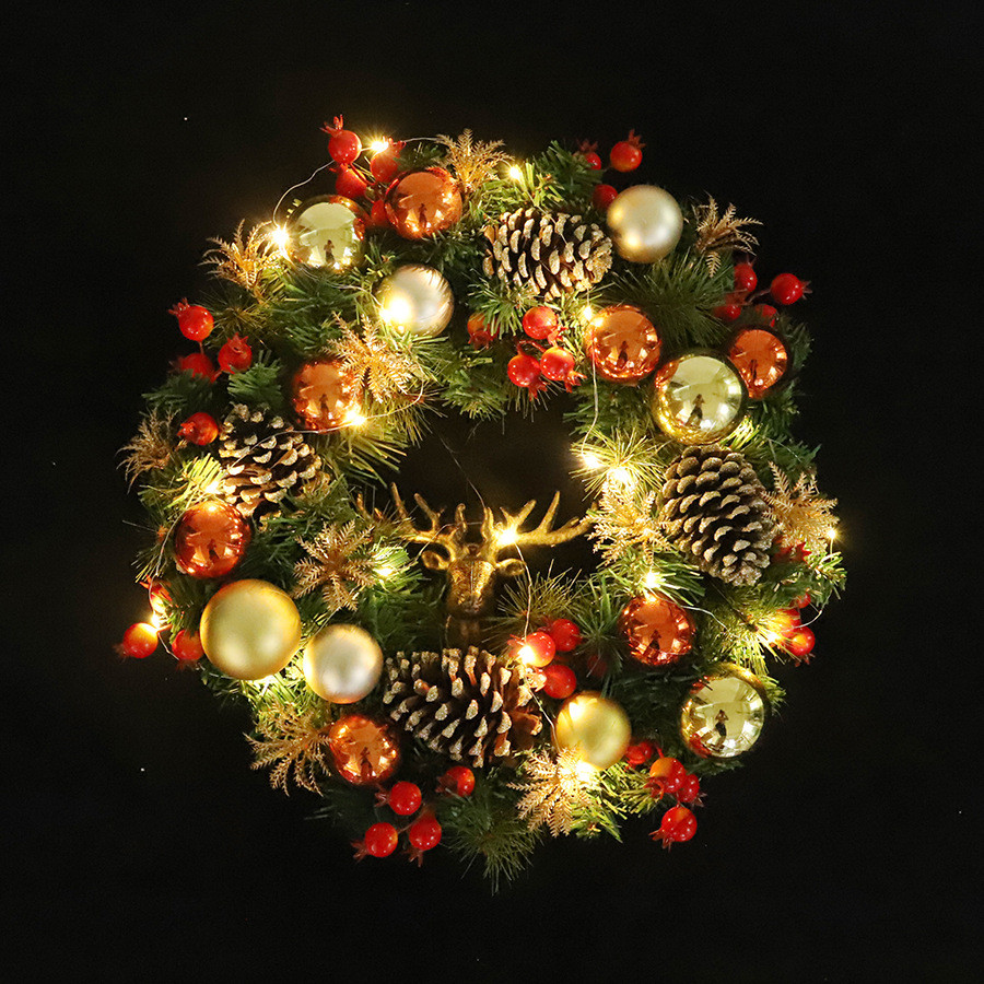 新款圣诞花环电镀球仿真绿色pvc圈松果鹿头门圣诞装饰挂花环挂饰