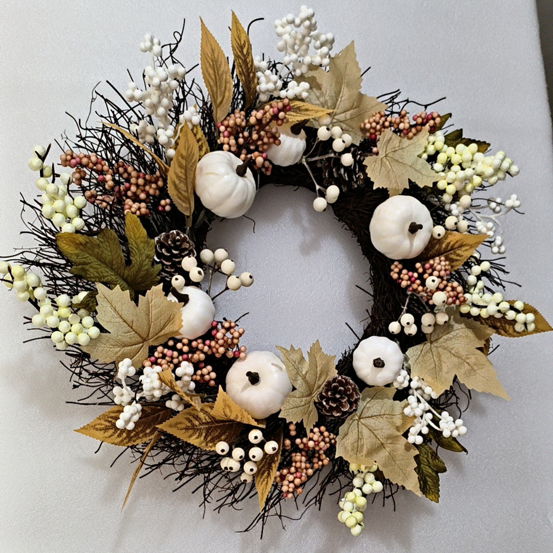 秋色松果棉花枫叶感恩节花圈花环白色枫叶南瓜装饰品壁挂门饰