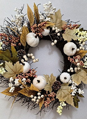 秋色松果棉花枫叶感恩节花圈花环白色枫叶南瓜装饰品壁挂门饰
