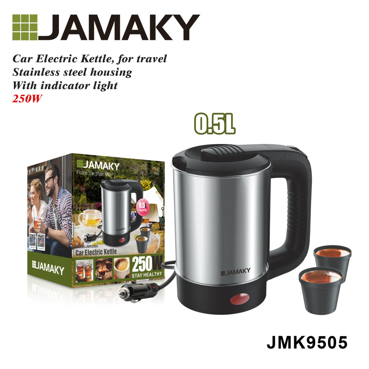 JAMAKY 不锈钢热水壶汽车旅行不锈钢便携式电热水壶即热式