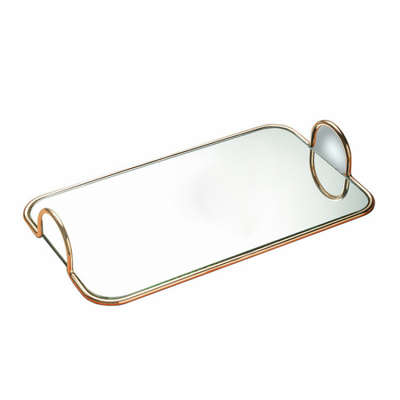 轻奢金属镜面托盘美式玻璃水果盘摆件茶盘托盘收纳长方形甜品托盘