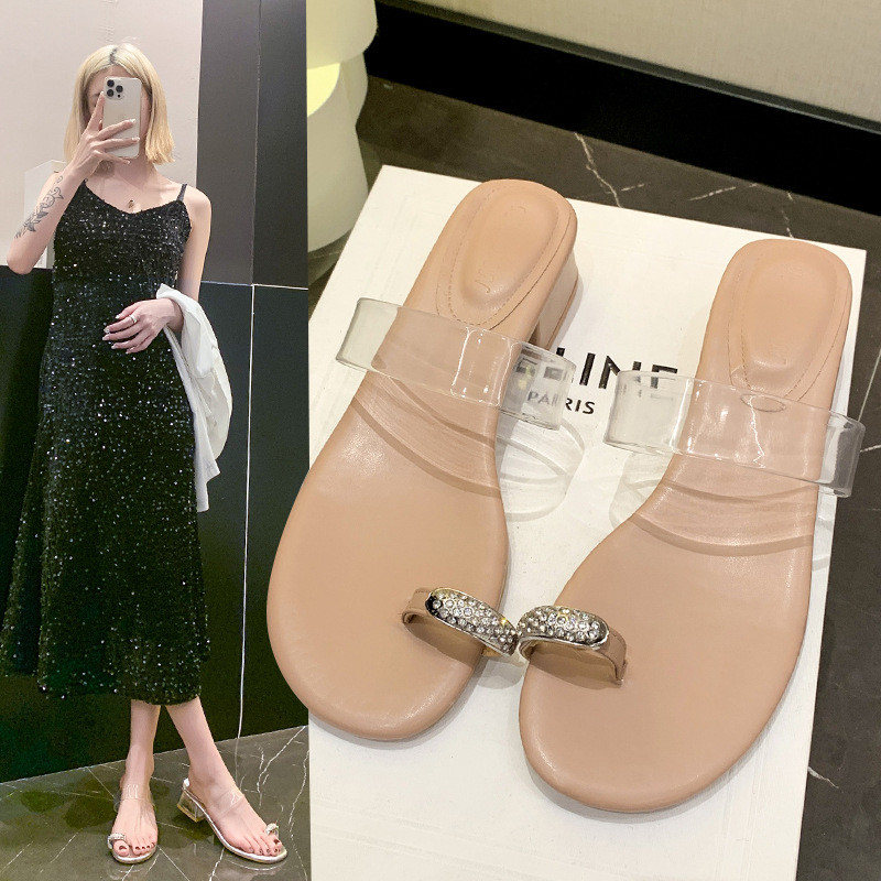 68小众高货高跟水晶跟凉拖鞋女2025夏季欧洲站外穿透明中跟粗跟仙