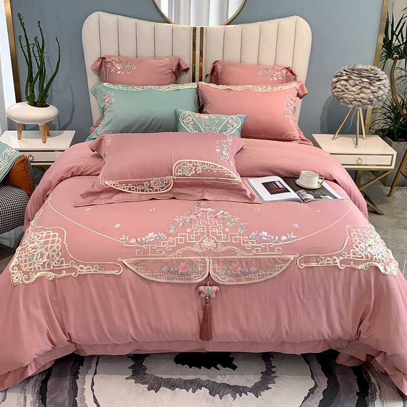 3zby批发新中式100支全棉被套婚庆刺绣四件套简约大红色新婚贡缎