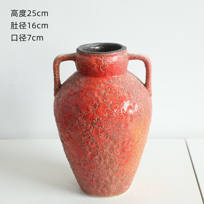 景德镇水培石榴红花盆摆件客厅插花家居茶室饰品干花新中式粗陶罐