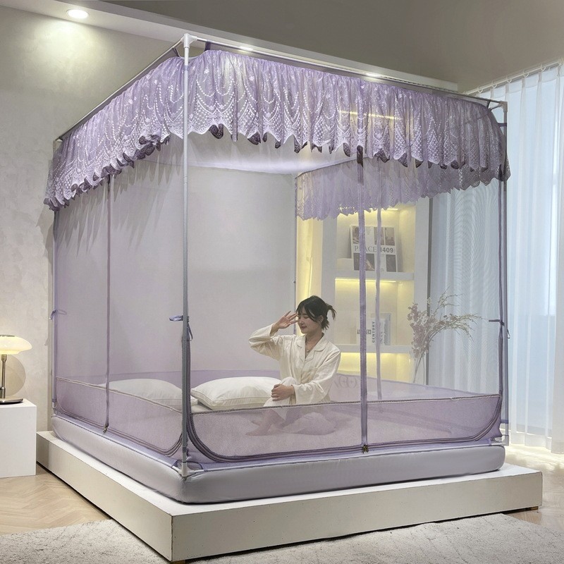 床笠式蕾丝坐床蚊帐蒙古包形底回方顶加厚支架一体式拉链款三开门